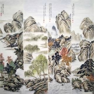 Chinese Four Screens of Landscapes Painting,35cm x 136cm,1006084-x