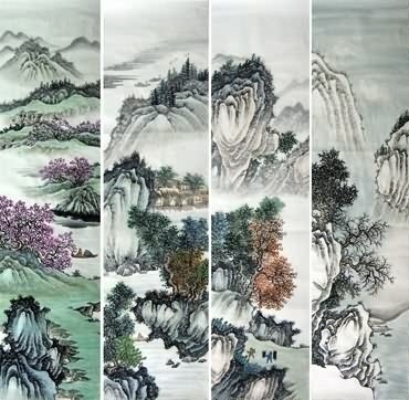 Chinese Four Screens of Landscapes Painting,35cm x 136cm,1101001-x