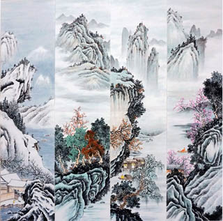 Chinese Four Screens of Landscapes Painting,35cm x 136cm,1101004-x
