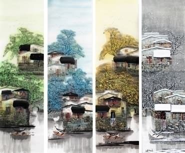 Chinese Four Screens of Landscapes Painting,35cm x 136cm,1464004-x