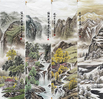 Chinese Four Screens of Landscapes Painting,35cm x 136cm,sw11226006-x