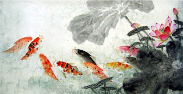 Chinese Koi Fish Painting,66cm x 136cm,2614022-x