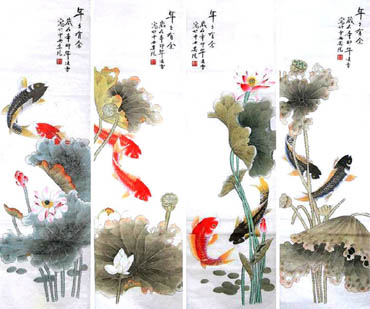 Chinese Koi Fish Painting,40cm x 130cm,2702027-x