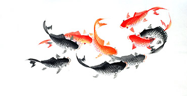 Chinese Koi Fish Painting,68cm x 136cm,xzx21112004-x