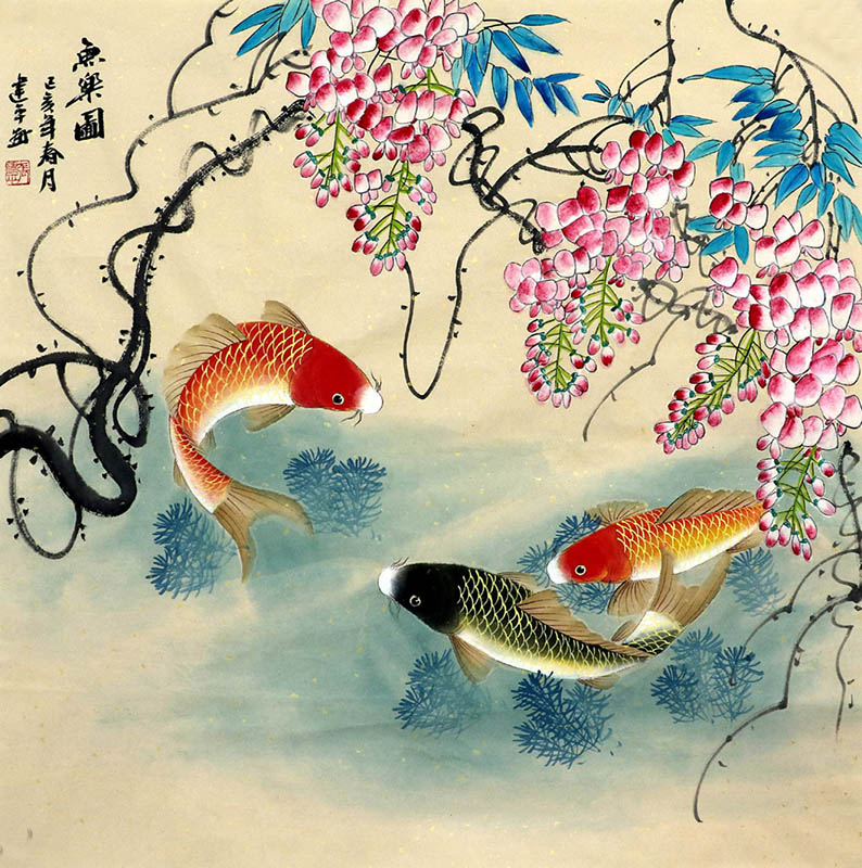 Chinese Koi Fish Painting zjp21110004, 68cm x 68cm(27〃 x 27〃)