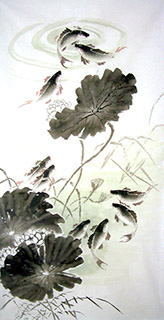 Chinese Koi Fish Painting,66cm x 136cm,zm21102003-x