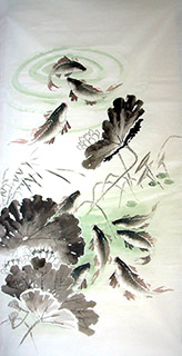 Chinese Koi Fish Painting,66cm x 136cm,zm21102005-x