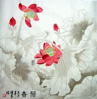 Chinese Lotus Painting,66cm x 66cm,2409003-x