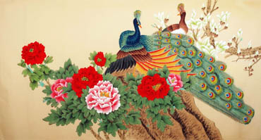Chinese Peacock Peahen Painting,68cm x 136cm,2340020-x