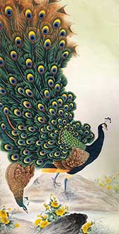 Chinese Peacock Peahen Painting,68cm x 136cm,2387105-x