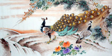 Chinese Peacock Peahen Painting,66cm x 136cm,2397018-x