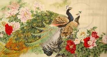 Chinese Peacock Peahen Painting,97cm x 180cm,2578003-x