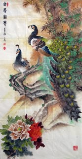 Chinese Peacock Peahen Painting,69cm x 138cm,2621004-x
