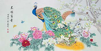Chinese Peacock Peahen Painting,136cm x 68cm,lzg21186003-x
