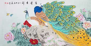Chinese Peacock Peahen Painting,136cm x 68cm,lzg21186004-x