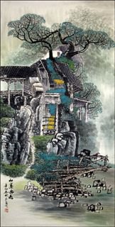Chinese Village Countryside Painting,69cm x 138cm,1475009-x