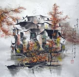 Chinese Water Township Painting,45cm x 45cm,1195003-x