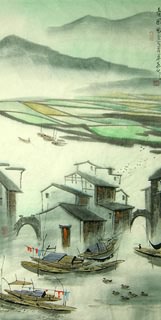 Chinese Water Township Painting,45cm x 92cm,1197002-x