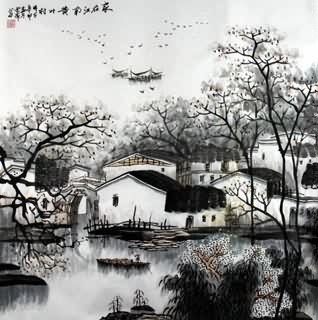 Chinese Water Township Painting,62cm x 62cm,1199004-x