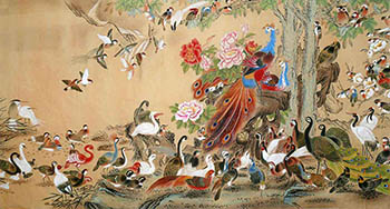 Chinese 100 Birds Painting,96cm x 180cm,2735014-x