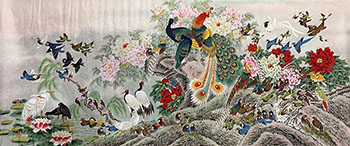 Chinese 100 Birds Painting,95cm x 230cm,2735017-x