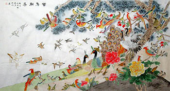 Chinese 100 Birds Painting,90cm x 175cm,4622009-x