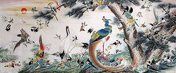 Chinese 100 Birds Painting,96cm x 240cm,ysq21078008-x