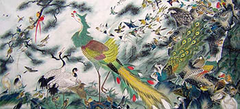 Chinese 100 Birds Painting,96cm x 180cm,ysq21078010-x