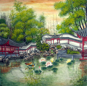 Chinese Buildings Pavilions Palaces Towers Terraces Painting,68cm x 68cm,1011048-x