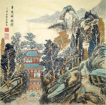 Chinese Buildings Pavilions Palaces Towers Terraces Painting,69cm x 69cm,1747002-x