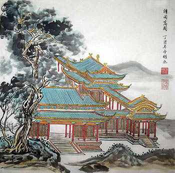 Chinese Buildings Pavilions Palaces Towers Terraces Painting,69cm x 69cm,1747003-x