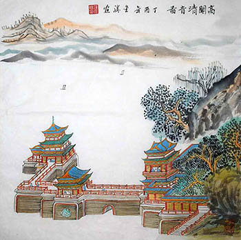 Chinese Buildings Pavilions Palaces Towers Terraces Painting,69cm x 69cm,1747006-x