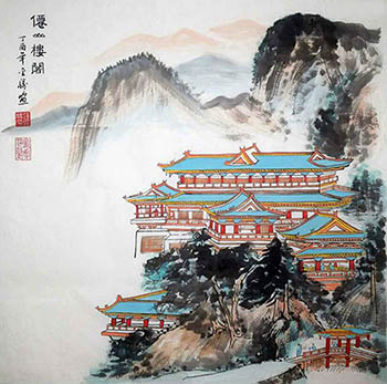 Chinese Buildings Pavilions Palaces Towers Terraces Painting,69cm x 69cm,1747007-x