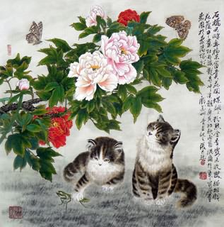 Chinese Cat Painting,69cm x 69cm,4721025-x