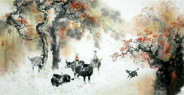 Chinese Cattle Painting,66cm x 136cm,4046001-x