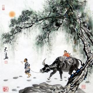 Chinese Cattle Painting,69cm x 69cm,4046011-x