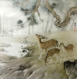 Chinese Deer Painting,68cm x 68cm,lbz41082013-x