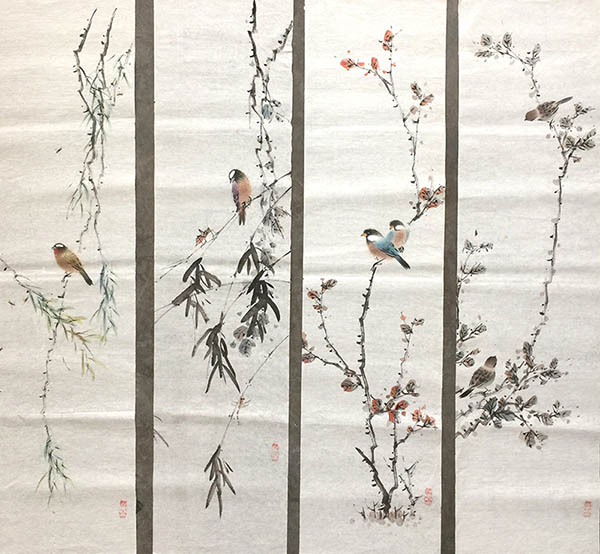 Four Screens of Flowers and Birds,27cm x 113cm(11〃 x 44〃),2011059-z
