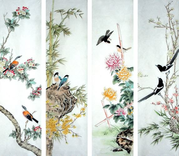 Four Screens of Flowers and Birds,45cm x 138cm(18〃 x 54〃),2322022-z