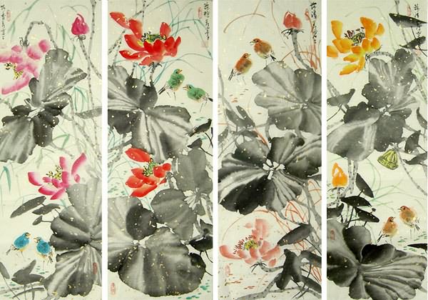 Four Screens of Flowers and Birds,34cm x 96cm(13〃 x 38〃),2323014-z