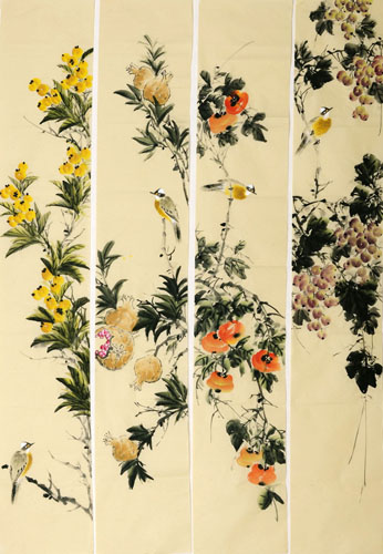 Four Screens of Flowers and Birds,35cm x 136cm(14〃 x 53〃),2340107-z
