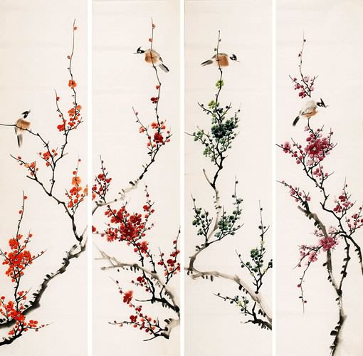 Four Screens of Flowers and Birds,35cm x 136cm(14〃 x 53〃),2340108-z