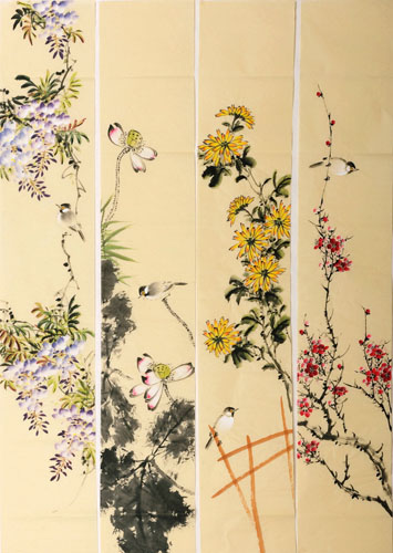 Four Screens of Flowers and Birds,35cm x 136cm(14〃 x 53〃),2340109-z