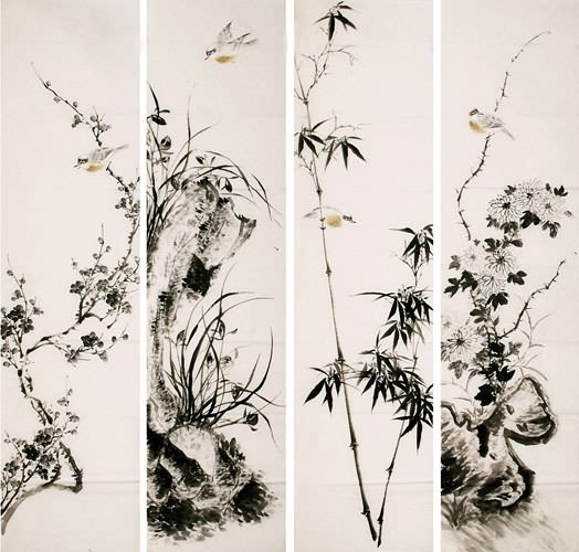 Four Screens of Flowers and Birds,34cm x 138cm(13〃 x 54〃),2340110-z