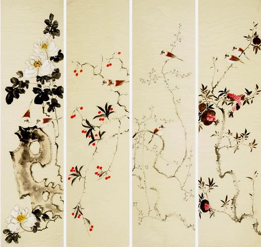 Four Screens of Flowers and Birds,33cm x 130cm(13〃 x 51〃),2340112-z