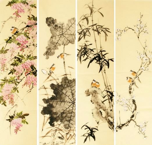 Four Screens of Flowers and Birds,34cm x 138cm(13〃 x 54〃),2340113-z