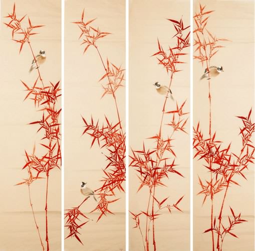 Four Screens of Flowers and Birds,33cm x 130cm(13〃 x 51〃),2340114-z