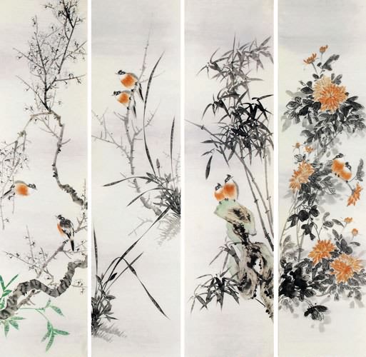 Four Screens of Flowers and Birds,33cm x 130cm(13〃 x 51〃),2340117-z