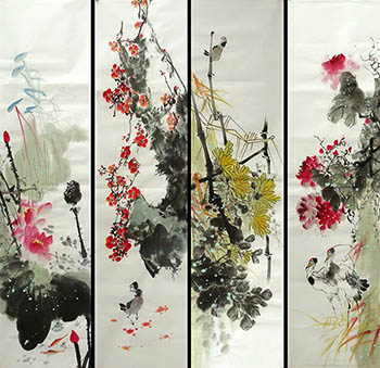 Chinese Four Screens of Flowers and Birds Painting,35cm x 136cm,2350011-x