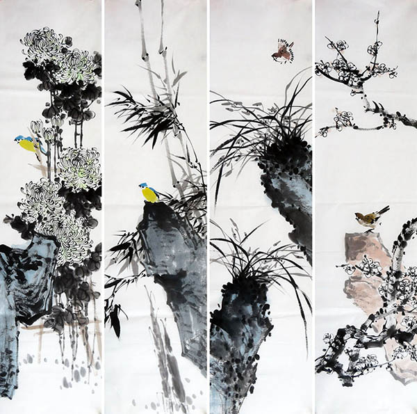 Four Screens of Flowers and Birds,34cm x 138cm(13〃 x 54〃),2350012-z